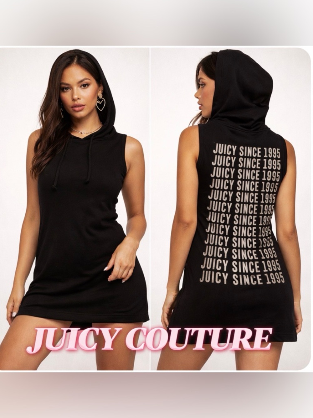 Juicy Couture S Mini Dress Hoodie Black Logo AOP McBling Y2K Streetwear Rare